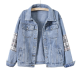 Light Blue Denim Jacket with Plaid Sleeve Panels