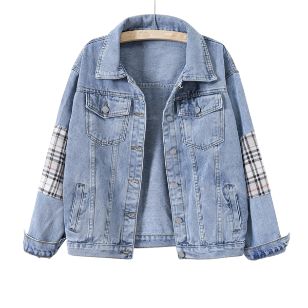 Light Blue Denim Jacket with Plaid Sleeve Panels