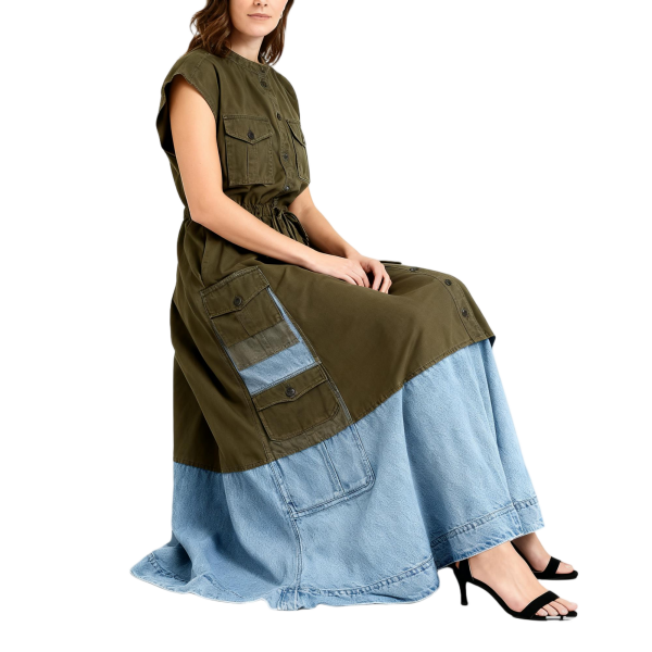 Olive & Light Blue Denim Patchwork Maxi Dress
