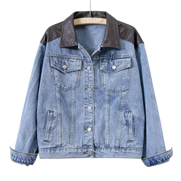 Light Blue Denim Jacket with Black Leather Collar