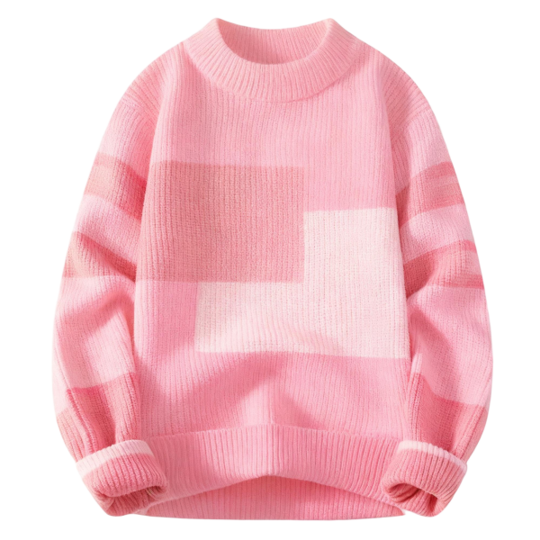 Pink Tone-On-Tone Color-Block Crew Neck Knit Sweater