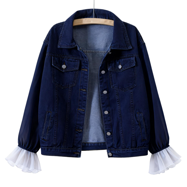 Dark Blue Denim Jacket with Chiffon Ruffle Cuffs