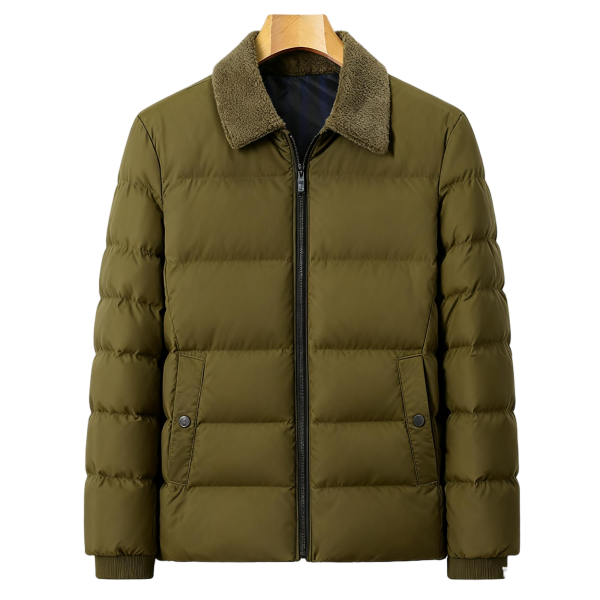 Olive Green Padded Jacket with Shearling Collar