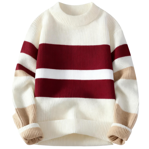 Cream & Burgundy Stripe Crew Neck Knit Sweater