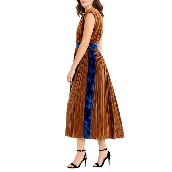 Brown & Blue Velvet Pleated Midi Dress