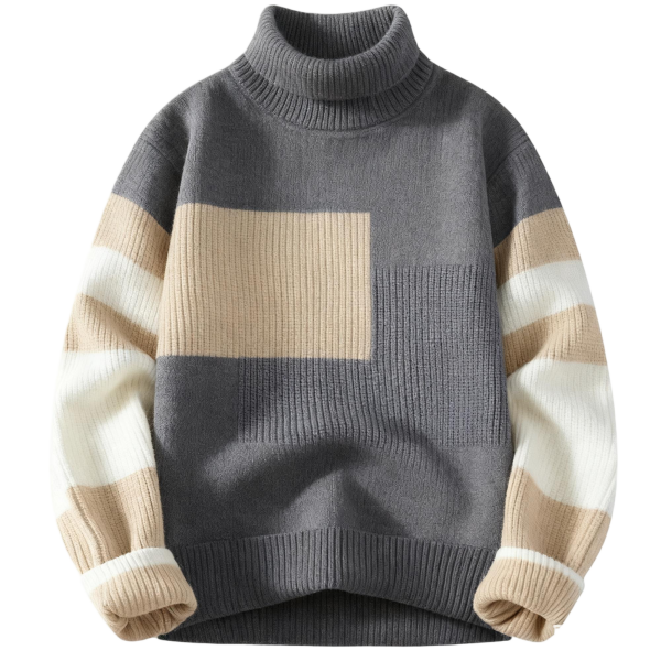 Gray Turtleneck Color-Block Knit Sweater