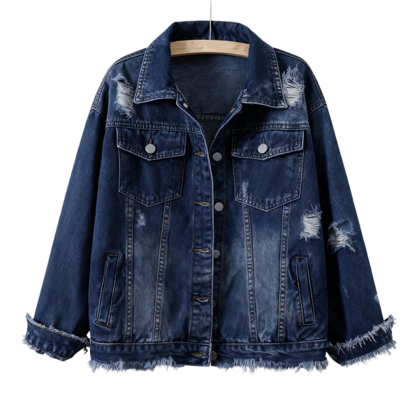 Dark Blue Denim Jacket with Frayed Hem & Distressing