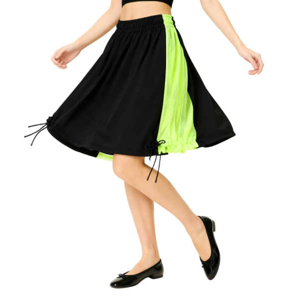 Black & Neon Green Mesh Panel Drawstring Skirt