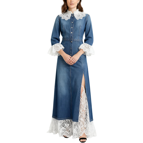 Wash Blue Denim Dress with White Lace Details