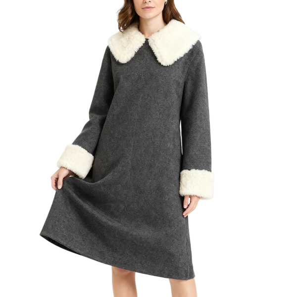 Gray Wool-Blend Dress with Faux Fur Trim