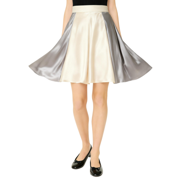 Two-Tone Cream & Silver Satin Flared Skirt