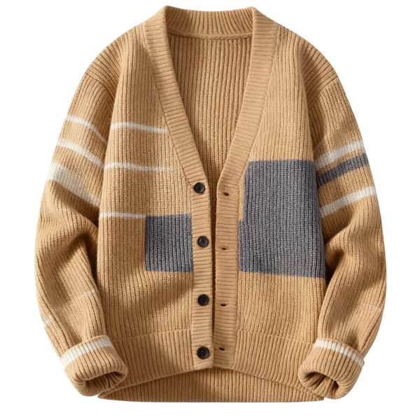 Beige Button-Front Color-Block Knit Cardigan