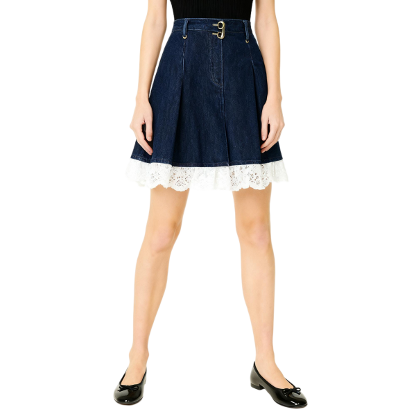 Dark Wash Denim Skirt with White Lace Trim