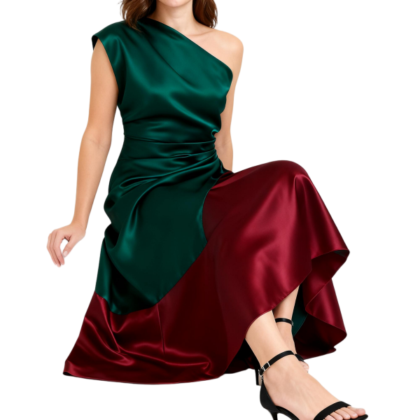 Emerald & Burgundy Satin One-Shoulder Midi Dress