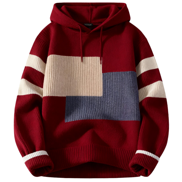 Burgundy Color-Block Hooded Knit Sweater